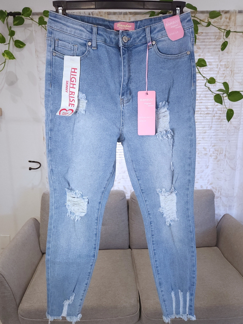 BAMBOO Distressed High Rise Skinny Jeans in Light Blue